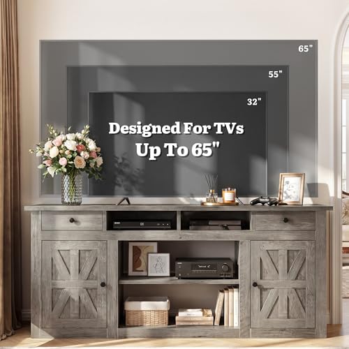 Farmhouse TV Stand with Storage Cabinets for 65" TV, Washed Gray, view 6