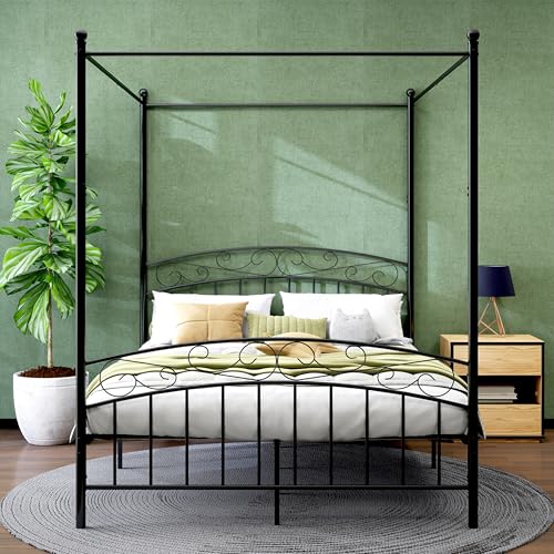 Metal Canopy Bed Frame Queen Size Four-Poster Black, view 2