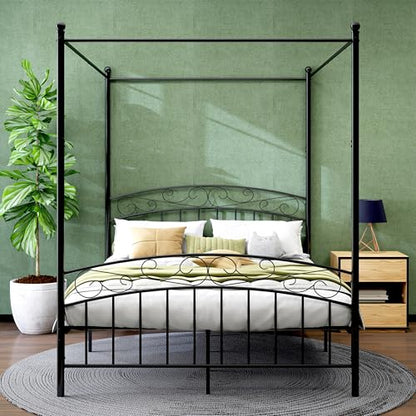 Metal Canopy Bed Frame Queen Size Four-Poster Black, view 2