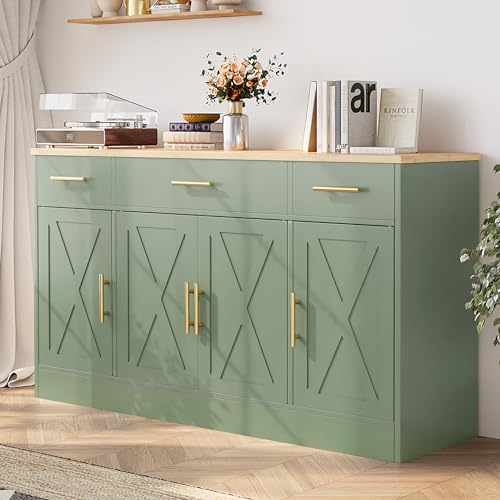 Buffet Cabinet with Storage,53.4" Large Kitchen Storage Cabinet with 3 Drawers and 4 Doors,Wood Farmhouse Buffet Sideboard with Adjustable Shelf for Kitchen Living Room, Green