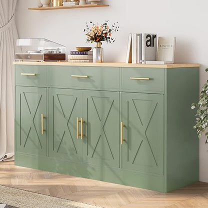 Buffet Cabinet with Storage,53.4" Large Kitchen Storage Cabinet with 3 Drawers and 4 Doors,Wood Farmhouse Buffet Sideboard with Adjustable Shelf for Kitchen Living Room, Green