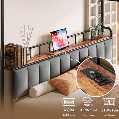 King Canopy Bed Frame, Storage Headboard with Charging Station, view 4