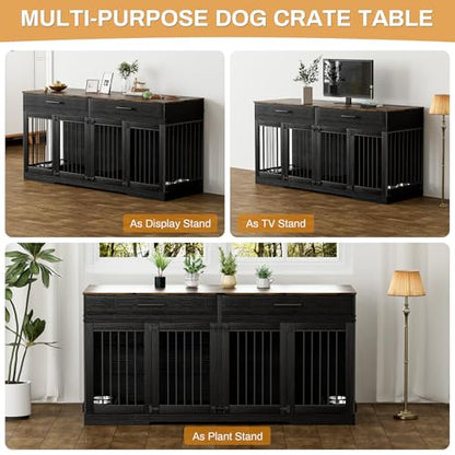 72" Double Dog Crate Furniture for Medium Large Dogs, Black, view 7