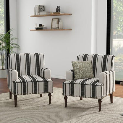 Stripe Accent Chairs Set of 2, Living Room Arm Chair Modern Nailhead Trim Club Armchair, Comfy Upholstered Sofa Lounge Seat Reading Seat Bedroom Side Seating for Home Office, Black