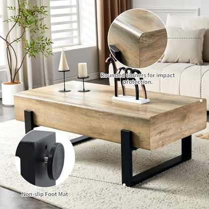 47.24" Rectangle Coffee Table, Wood Coffee Table Center Table with 7.8" Thick Tabletop Metal Legs Rounded Corners for Living Room Office, Natural Wood