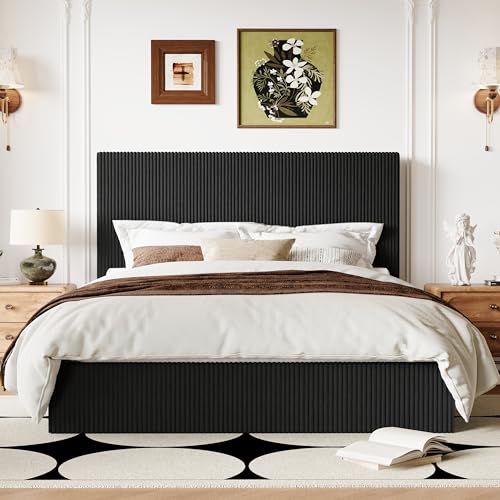 Queen Bed Frame, Adjustable Corduroy Headboard, Platform, Black, view 2