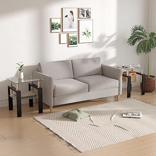 Glass Side Table 2-Tier Modern Glass Top Corner Table Living Room Square Side Table with Metal Leg for Living Room, Dining Room, Bedroom (1, Clear)