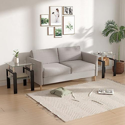 Glass Side Table 2-Tier Modern Glass Top Corner Table Living Room Square Side Table with Metal Leg for Living Room, Dining Room, Bedroom (1, Clear)
