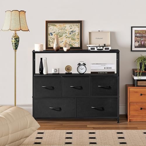 TV Stand, 5 Fabric Drawers Entertainment Center for TV up to 45 inch Wooden Media Console Table with Open Shelf, for Living Room, or Small Space, Black