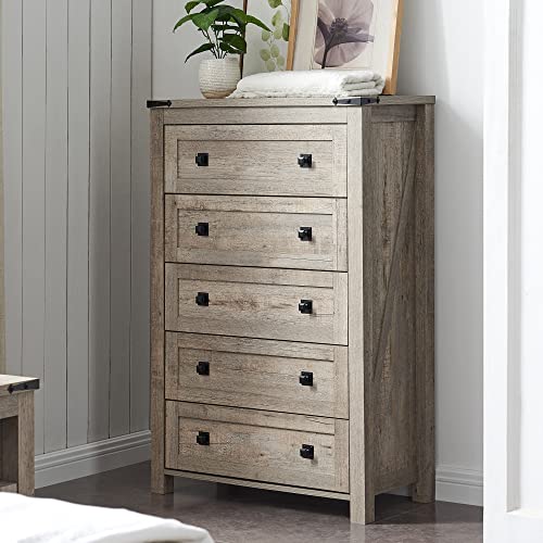 48" Tall Farmhouse 5-Drawer Dresser for Bedroom, Light Rustic Oak | Rustic chests of drawers, Wood Storage Cabinet, Metal Handle, Unique Corner Accent, Bedroom, Living Room, Hallway