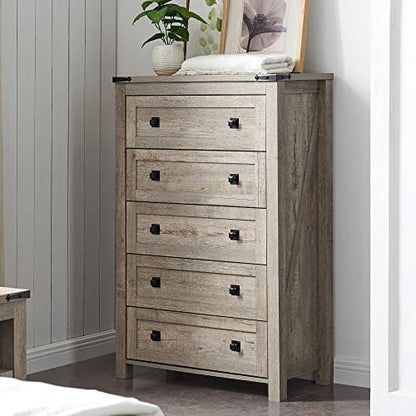 48" Tall Farmhouse 5-Drawer Dresser for Bedroom, Light Rustic Oak | Rustic chests of drawers, Wood Storage Cabinet, Metal Handle, Unique Corner Accent, Bedroom, Living Room, Hallway