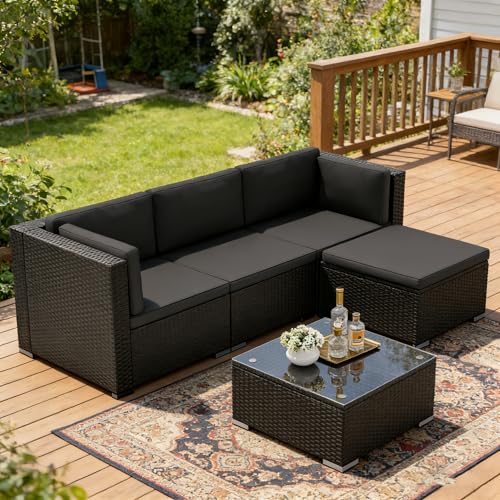5-Piece Outdoor Patio Furniture Set, All-Weather PE Rattan Sectional Sofa with Ottoman, Glass Coffee Table & Cushions, Modular Wicker Conversation Set for Backyard, Garden, Porch, Dark Grey