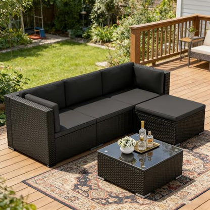 5-Piece Outdoor Patio Furniture Set, All-Weather PE Rattan Sectional Sofa with Ottoman, Glass Coffee Table & Cushions, Modular Wicker Conversation Set for Backyard, Garden, Porch, Dark Grey