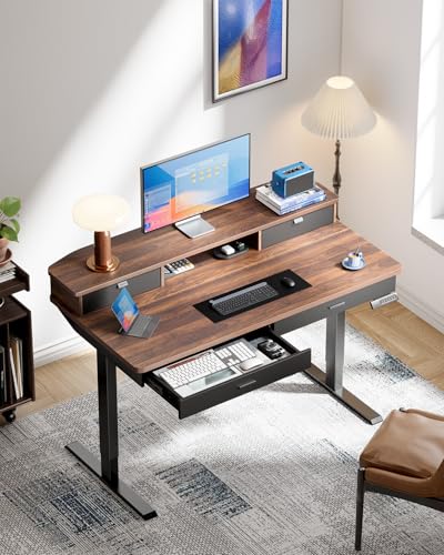 48 x 30 inch Electric Standing Desk with 4 Drawers, Adjustable Height Sit Stand Home Office Desk with Two Tiers, Ergonomic Adjustable Stand up Desk C-Clamp Monitor Mount Compatible, Walnut