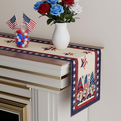 Gnome Stars Patriotic America Memorial Day 4th of July Table Runner Table Decoration for Party Home Kitchen Dining Holiday Decor 13x72 Inch