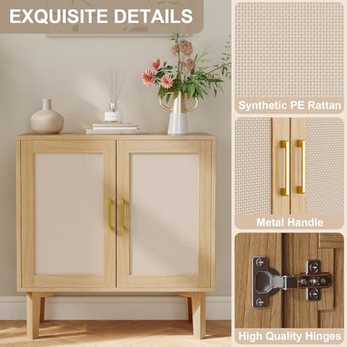 32.2" Rattan Sideboard Cabinet | Modern Accent Storage Cabinet with Adjustable Shelf and Solid Wood Legs for Kitchen, Living Room, Entryway, Natural Oak