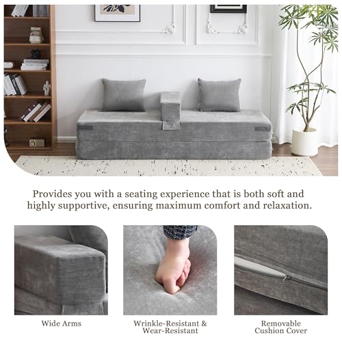 79" Convertible Folding Sofa Bed Queen, Sleeper Sofa Couch with Armrest and Pillows, Chenille Fold Out Floor Chaise Lounge, Comfy Foldable Futon Mattress for Living Room, Bedroom (Grey 7.87")