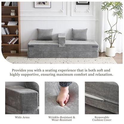 79" Convertible Folding Sofa Bed Queen, Sleeper Sofa Couch with Armrest and Pillows, Chenille Fold Out Floor Chaise Lounge, Comfy Foldable Futon Mattress for Living Room, Bedroom (Grey 7.87")