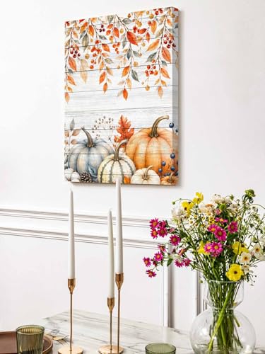 NuYeBiofx Farm Thanksgiving Pumpkins Canvas Wall Art Prints,30"x20" Framed Picture Artwork Hanging Palm Leaves on Wood Printed Canvas Oil Painting for Living Room Bedroom Office,Ready to Hang