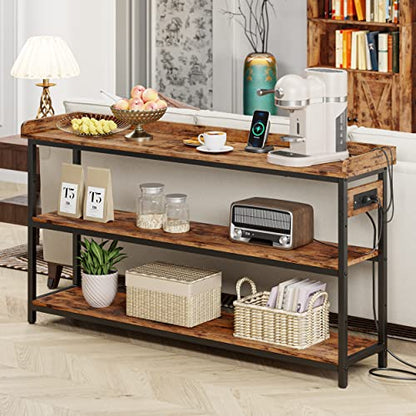 Console Table, Sofa Table with Power Outlet, Farmhouse Hallway Table for Entryway, Living Room, Height Adjustable, Easy Assembly, Rustic Brown,55"