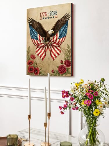 NuYeBiofx Anniversary Patriotic Eagle Canvas Wall Art Prints,30"x20" Framed Picture Artwork USA Flag Vintage Flower Leaf Printed Canvas Oil Painting for Living Room Bedroom Office,Ready to Hang