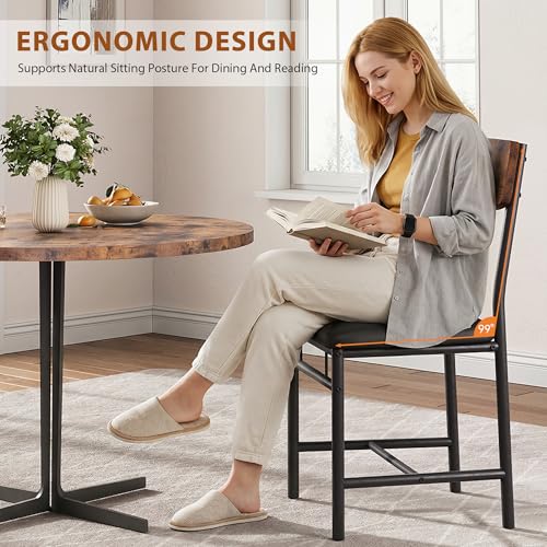 Industrial Dining Chairs Set of 4 - Upholstered Dining Room Chairs with PU Leather, Kitchen Chairs with Wooden Backrest and Thickened Metal Legs, for Dining Room, Living Room（Rustic Brown）