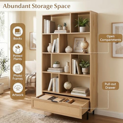 64" Tall Bookshelf with Rattan Drawer, 6-Tier Wood Bookcase with 8 Open Storage Cubes, Metal Legs, Freestanding Display Storage Organizer for Living Room, Home Office, Kitchen (Natural)