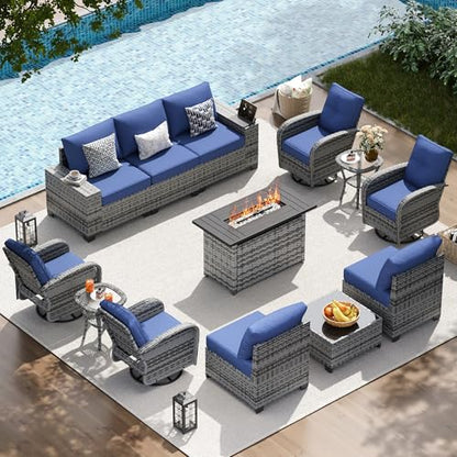 13 PCS Patio Furniture Set with 44'' Fire Pit Table, Outdoor Sectional All-Weather Wicker Conversation Set with Swivel Rocker Chairs, 4'' Thick Cushions for Backyard Poolside(Navy/Grey)