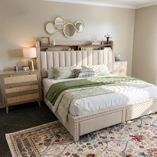 King Size Bed Frame with 2 Drawer & 2-Tier Storage Headboard Shelf, view 5