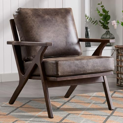 Mid-Century Modern Accent Chair with Wood Frame, PU Leather Living Room Chair and Soft Thick Padded Armchair for Living Room Bedroom Reception with Removable Upholstered Cushions, Dark Grey