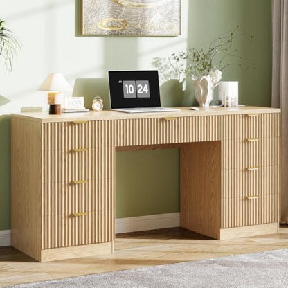 59 Inch Fluted Computer Desk with 9 Drawers, Natural, view 2