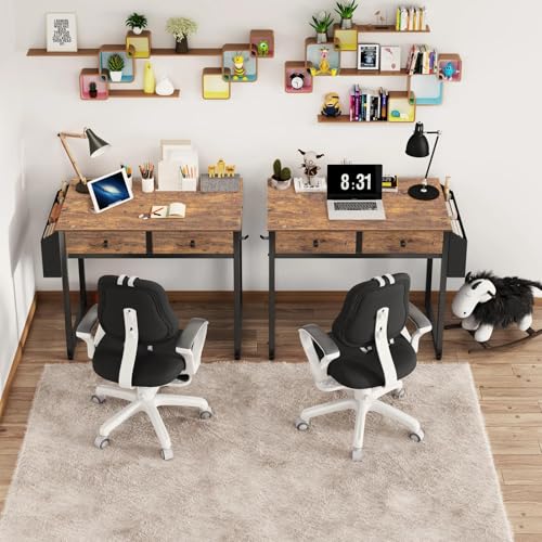 Small Computer Desk with 2 Drawers for Bedroom, 31 Inch Home Office Desk with Storage Fabric Drawer and Bag, Study Writing Table for Small Spaces, Rustic Brown
