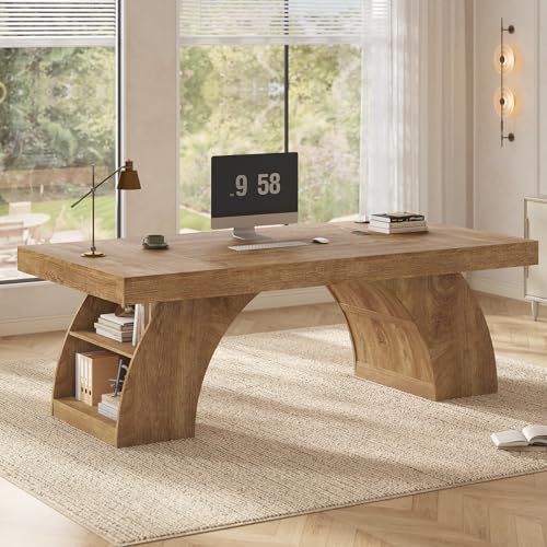 70.9 Inch Executive Desk, Large Office Desk with Power Outlet & Storage Shelves, view 4