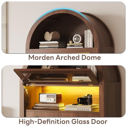 72.8'' Tall Arched Cabinet with LED Light, Rattan Door, Walnut, view 6