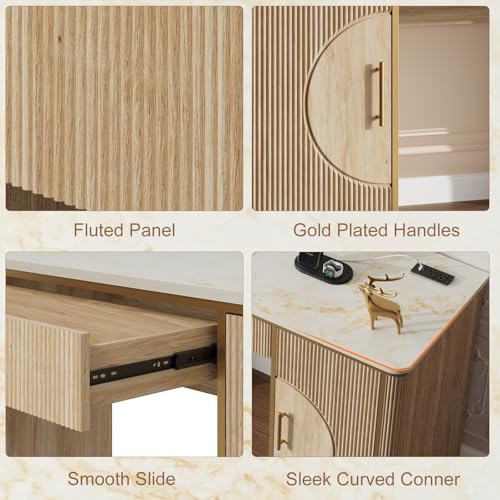 60" Fluted Writing Desk, Wooden Long Home Office Computer Desk with Drawer & Storage Cabinet, Modern Writing Table with Charging Station, High Executive Desk, Bedroom, Nature Oak, Set of 2