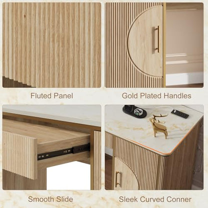 60" Fluted Writing Desk, Wooden Long Home Office Computer Desk with Drawer & Storage Cabinet, Modern Writing Table with Charging Station, High Executive Desk, Bedroom, Nature Oak, Set of 2