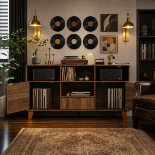 Large Round Record Player Stand with Vinyl Record Storage & Charging Station, view 5