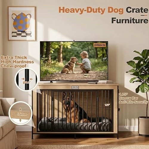 48" XL Dog Crate Furniture for Large Dogs, Farmhouse Light Oak Wood Dog Kennel, view 3