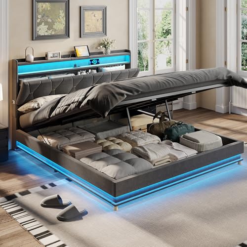 King Size Lift Up Storage Bed Frame, Storage Headboard with Charging Station, view 2