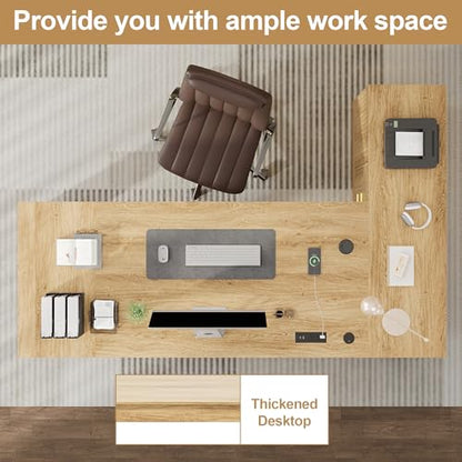 86" L Shaped Executive Desk with Drawers, Extra Large Modern Office Desk with File Cabinet, Big Computer Desk with Power Outlet for Home Office, Walnut