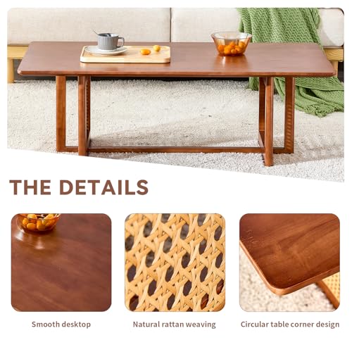 Coffee Table for Living Room, Rectangle Solid Wood Table Top, Modern Imitation Rattan Coffee Table, Cross Table Legs Tea Table for Apartment Small Space (Walnut)