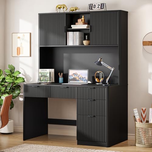 Executive Desk with Fluted Drawers, Pure Black, view 7