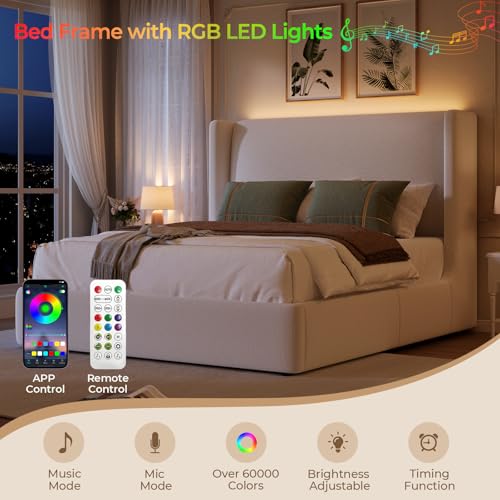Queen Size Upholstered Bed Frame with 47" Wingback Headboard & LED Lights, Chenille Platform Bedframe with Wooden Slat Support, Non-Slip/Noise-Free/No Box Spring Needed/Easy Assembly, White