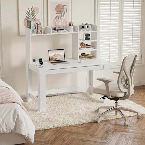 43" White Student Desk with Hutch and Built-in Power Outlet, view 7