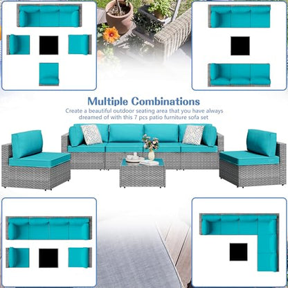 7 Pieces Outdoor Patio Furniture Sets, Patio Sectional Sofa Couch, Silver Gray PE Wicker Furniture Modular Patio Conversation Sets Patio Sofa with Washable Cushions & Coffee Table (Blue)