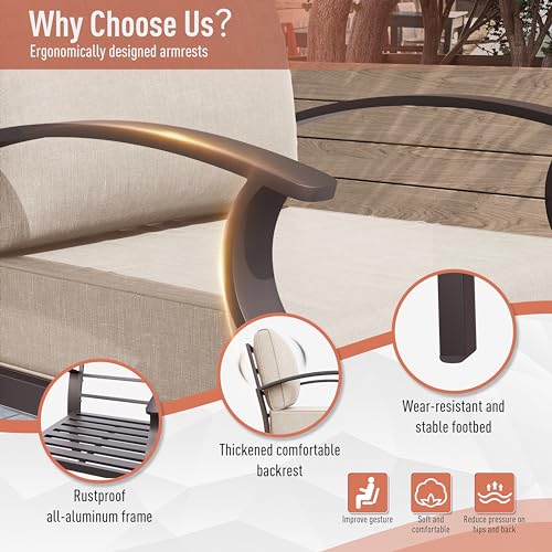 Aluminum Patio Furniture Set 5-Seat Modern Metal Outdoor Conversation Sets w/45in Propane Fire Pit Table, Swivel Rocking Chairs Patio Sectional Sofa w/5.1 Inch Cushion, Sand