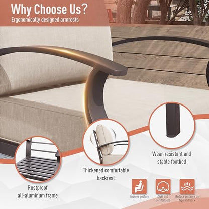 Aluminum Patio Furniture Set 5-Seat Modern Metal Outdoor Conversation Sets w/45in Propane Fire Pit Table, Swivel Rocking Chairs Patio Sectional Sofa w/5.1 Inch Cushion, Sand