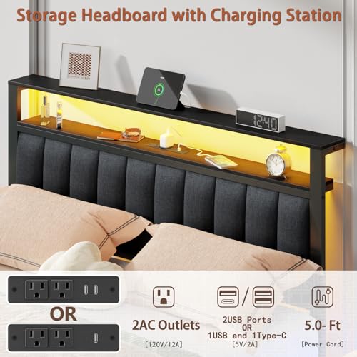 Queen Bed Frame with Storage Drawers and Upholstered Headboard, view 5