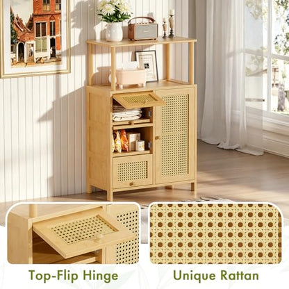 Sideboard Buffet Cabinet with Storage, Bamboo Storage Cabinets, Rattan Sideboard with Adjustable Shelf, Pantry Cupboard for Kitchen Living Room Entry Coffee Bar, Natural Color