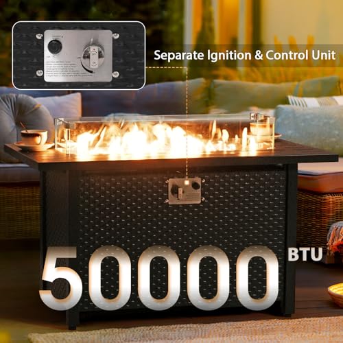 8 Pieces Outdoor Patio Furniture Set with 45” Fire Pit Table, Rattan Patio Conversation Sets with 50000 BTU Gas Fire Pit, Wicker Sectional Sofa Set with Storage Box, Gray (Without Table)